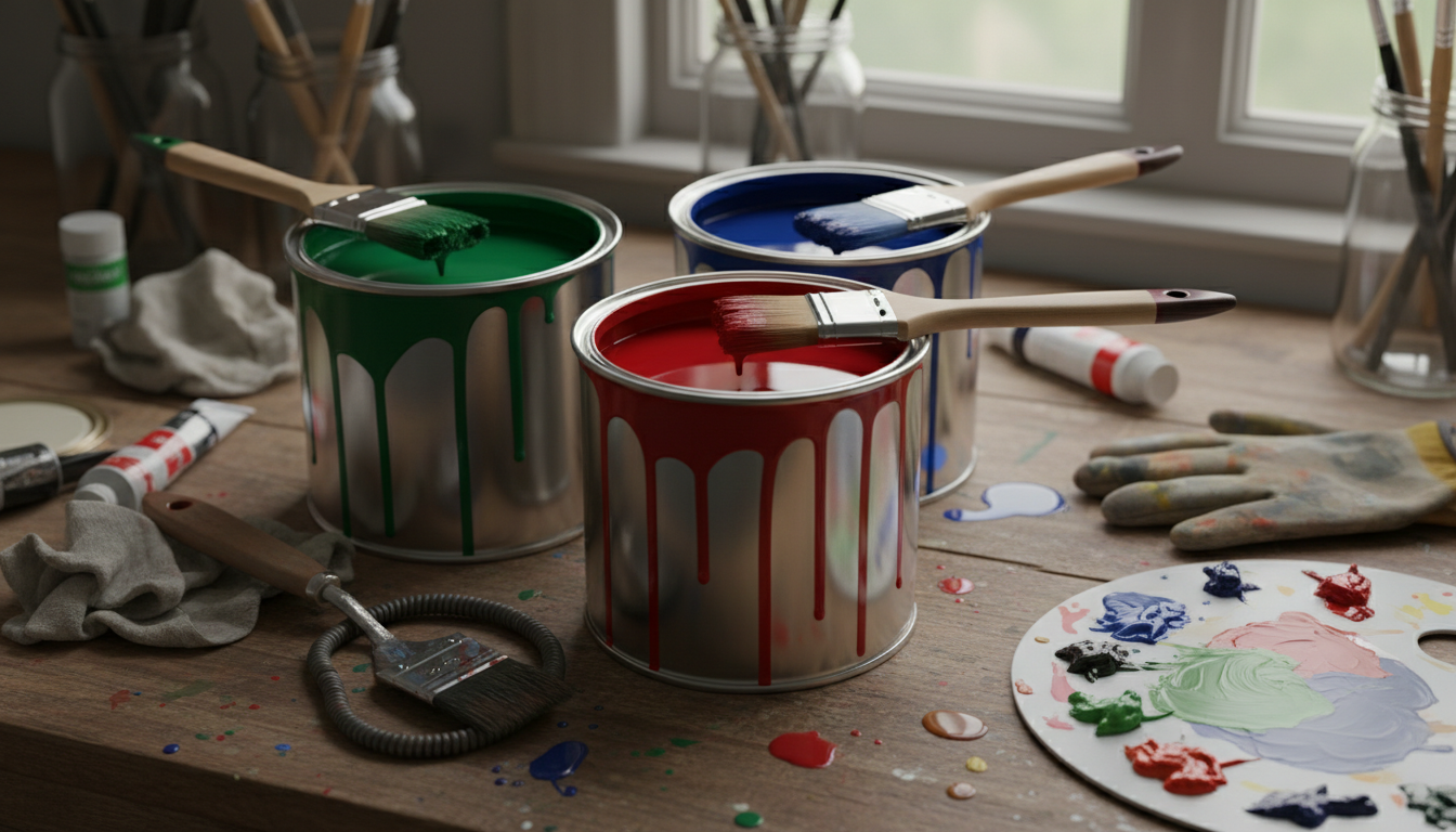 Paint cans, brushes and colorful paints