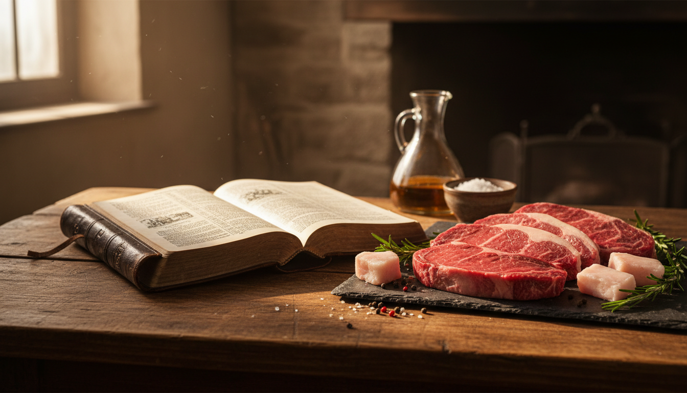 Open Bible next to raw meat cuts on rustic wooden table - God's Food