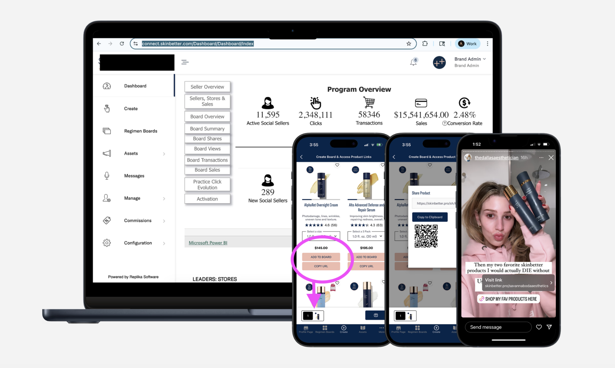 Replika Brand Portal - Dashboard showing seller analytics, mobile apps, and social sharing features