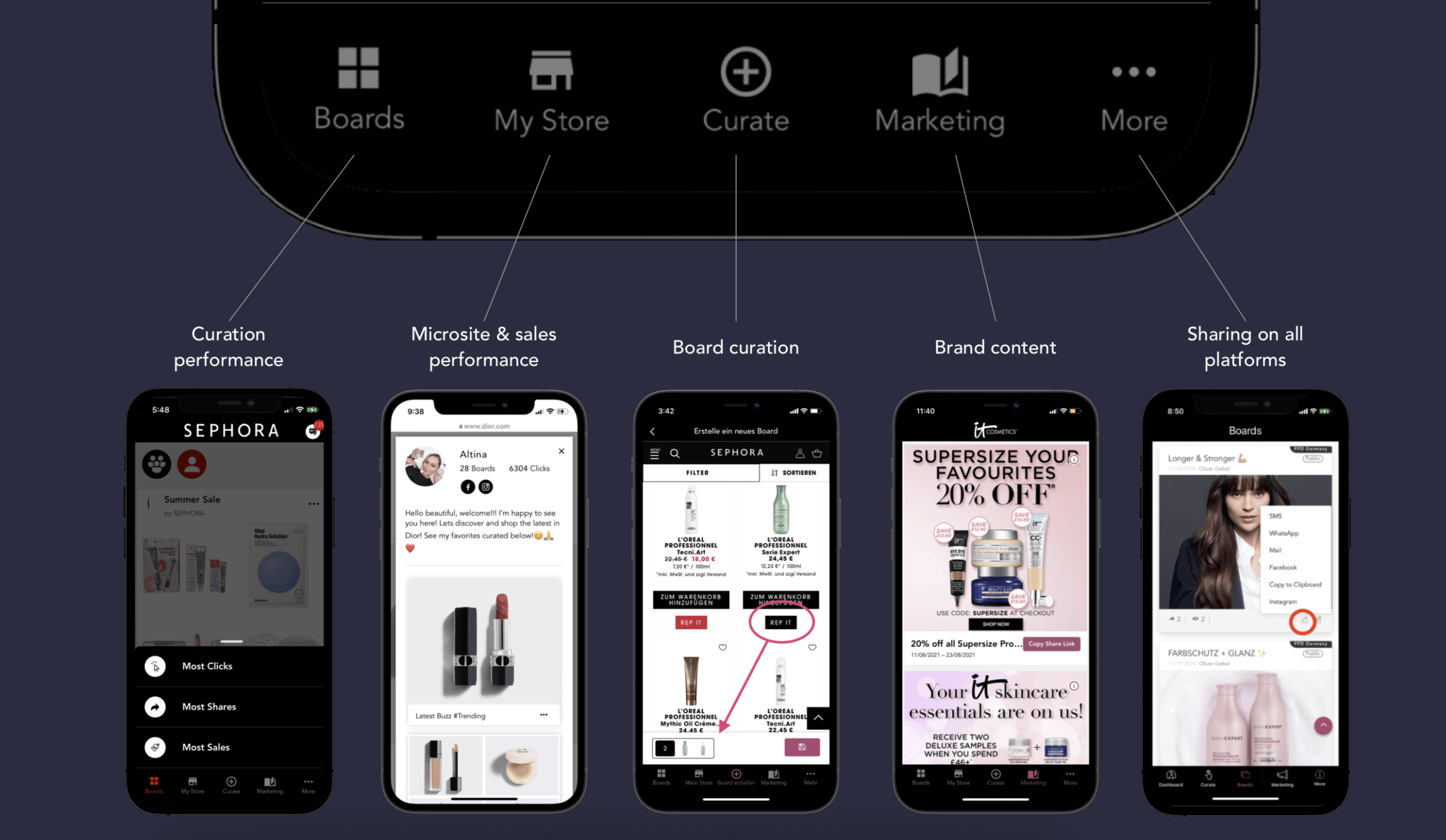 Replika Seller App - Five powerful tools including Boards, My Store, Curate, Marketing, and More