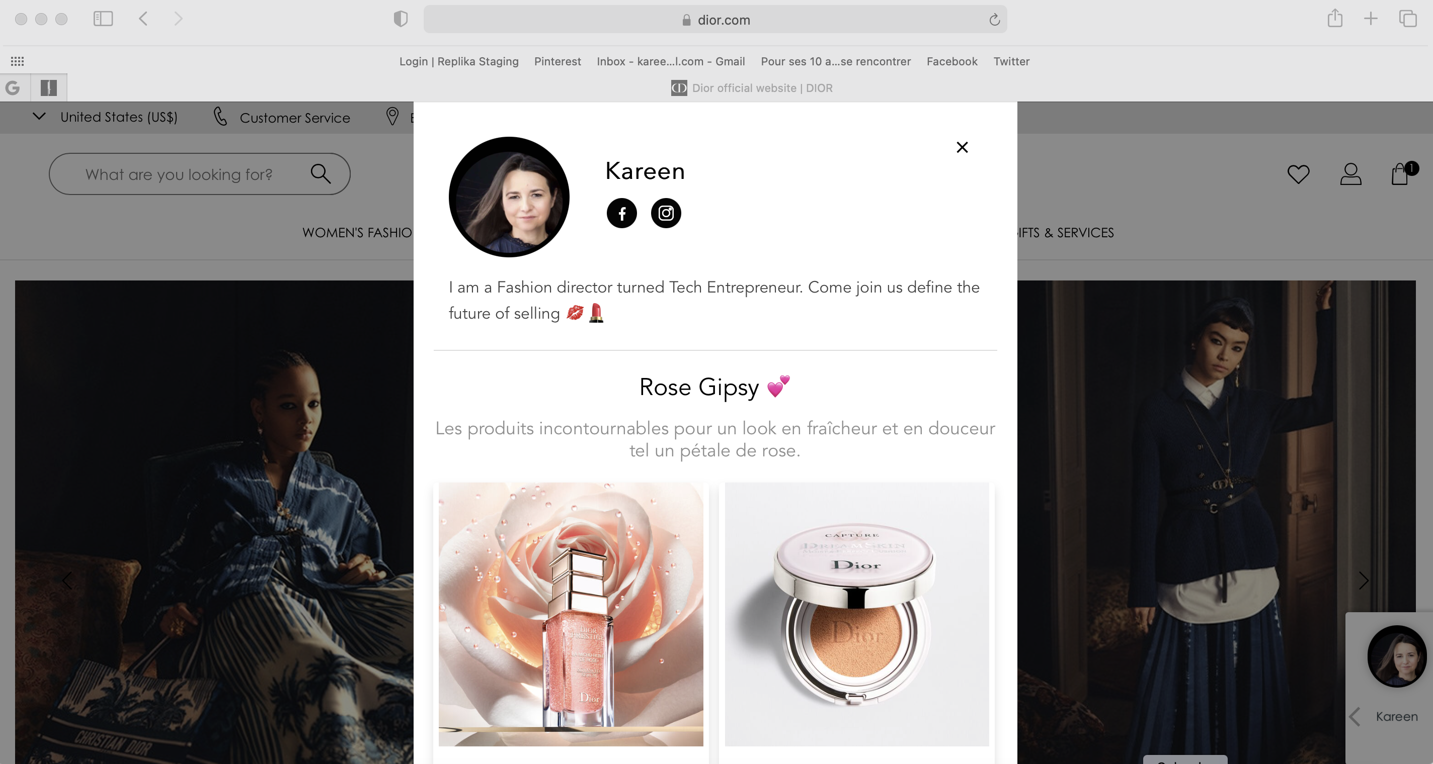 Customer shopping experience on Dior website with seller's curated overlay
