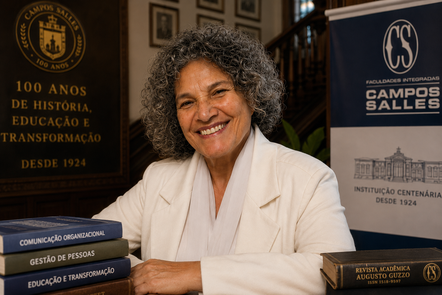 Profa. Dra. Mônica Maria Martins de Souza com livros de Comunicação Organizacional, Gestão de Pessoas e Educação e Transformação, ao lado da Revista Acadêmica Augusto Guzzo, na Campos Salles