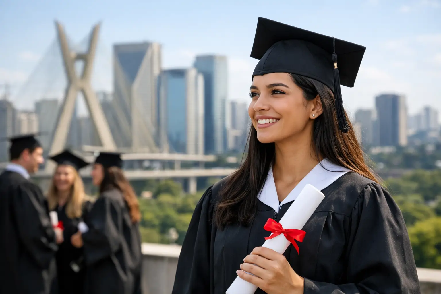 Estudante de graduação presencial em São Paulo segurando diploma com paisagem da cidade ao fundo