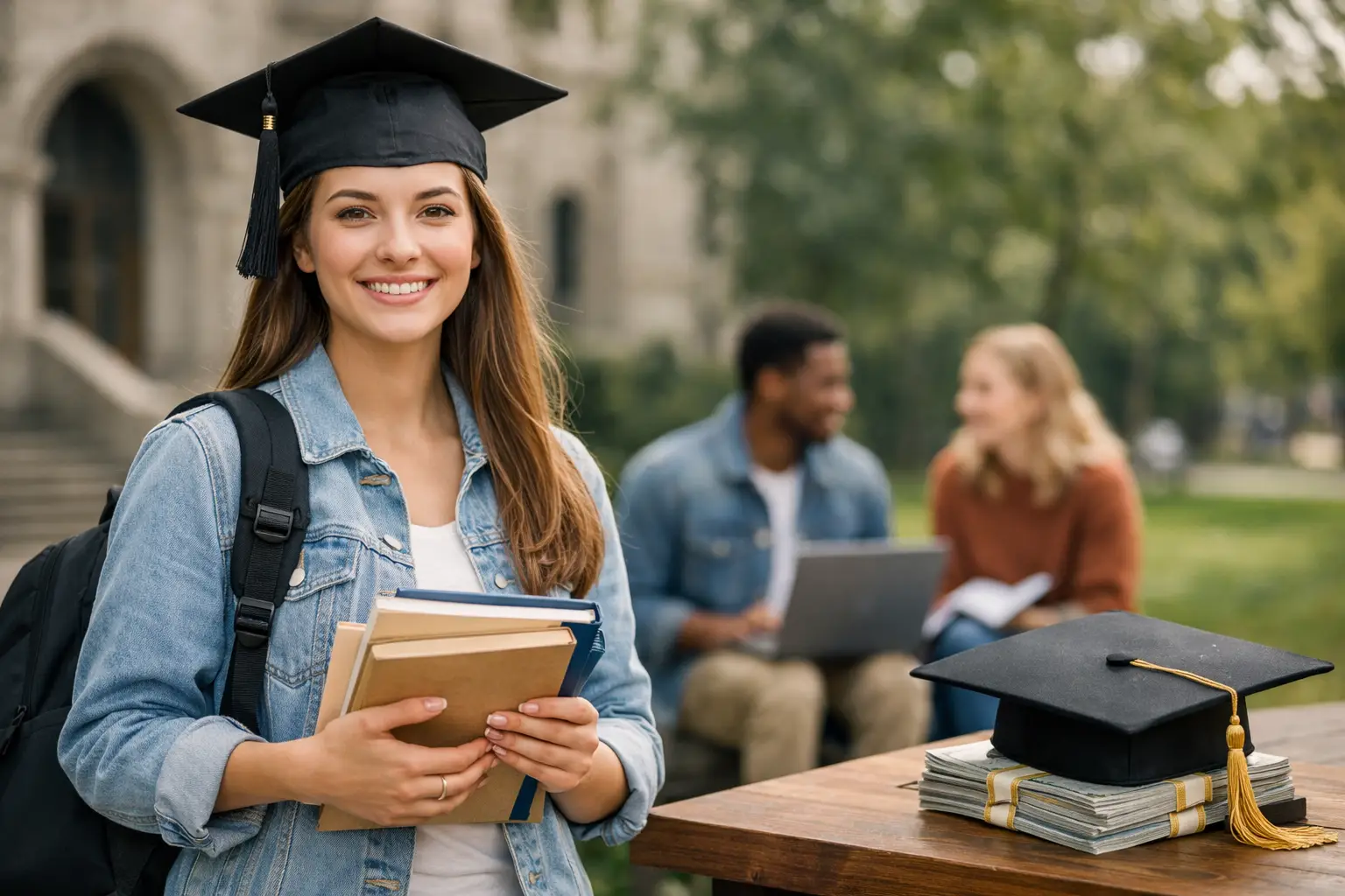 Estudante universitária com capelo segurando livros em campus com colegas ao fundo representando bolsa de estudo para graduação presencial