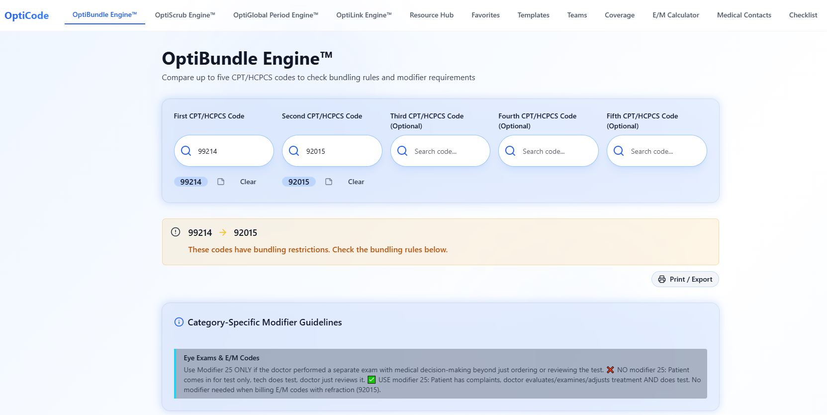 OptiBundle Engine code comparison interface
