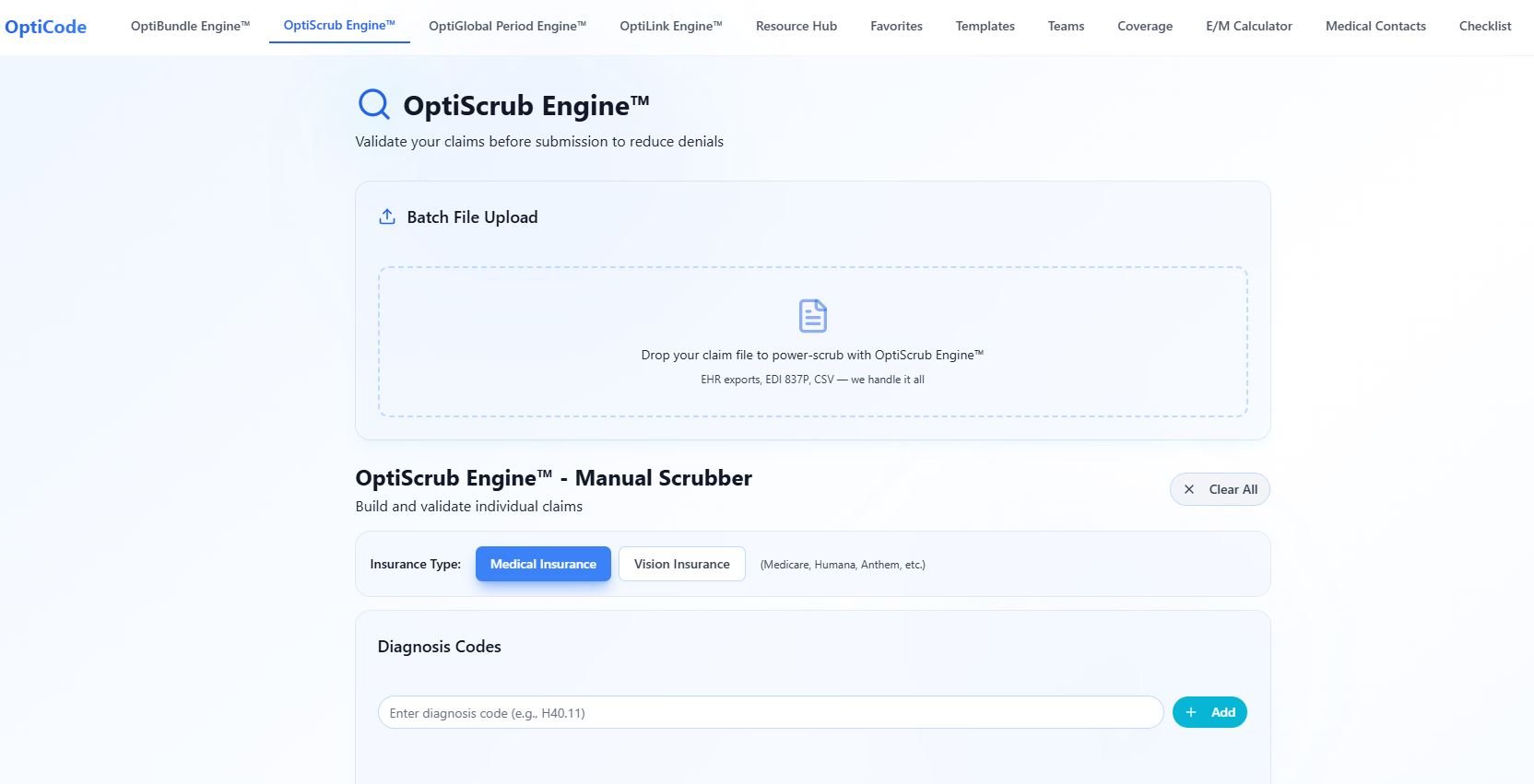 OptiScrub Engine claim validation interface