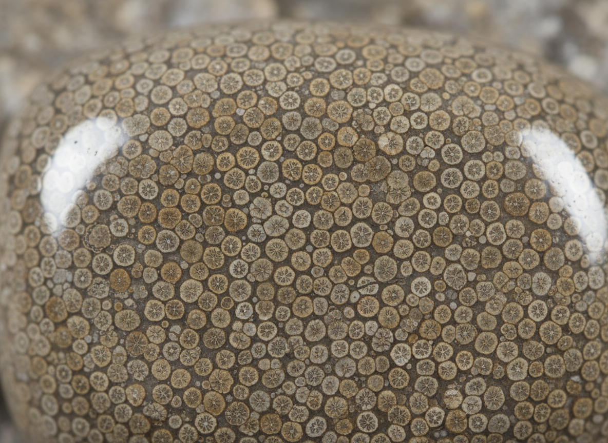 Polished Charlevoix stone showing tight honeycomb fossil coral pattern
