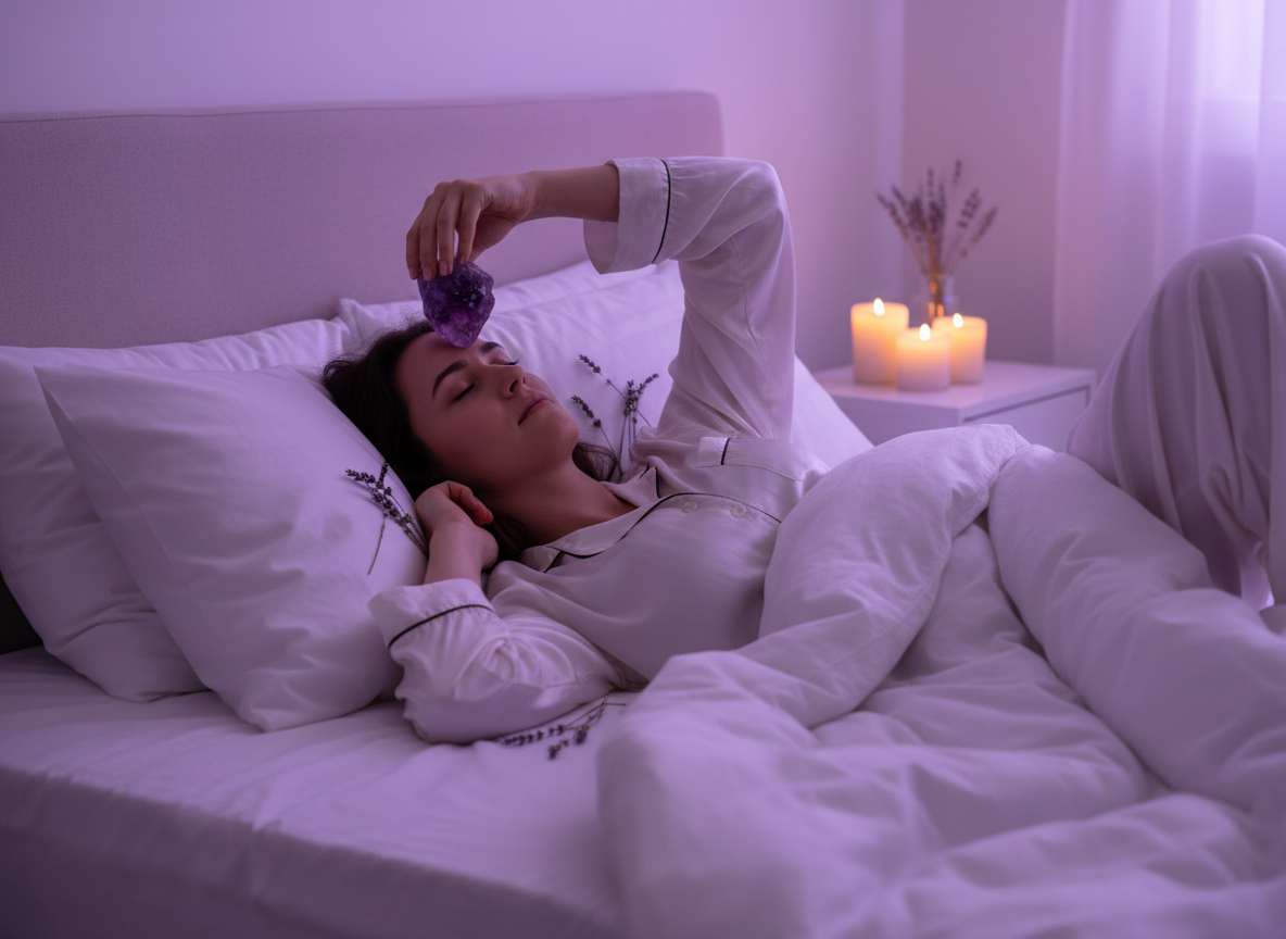 Person meditating with crystal on forehead before sleep