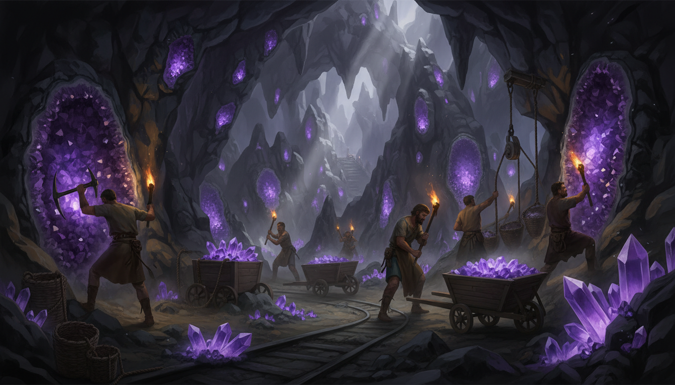 Ancient crystal mining scene with workers extracting amethyst from cave walls by torchlight