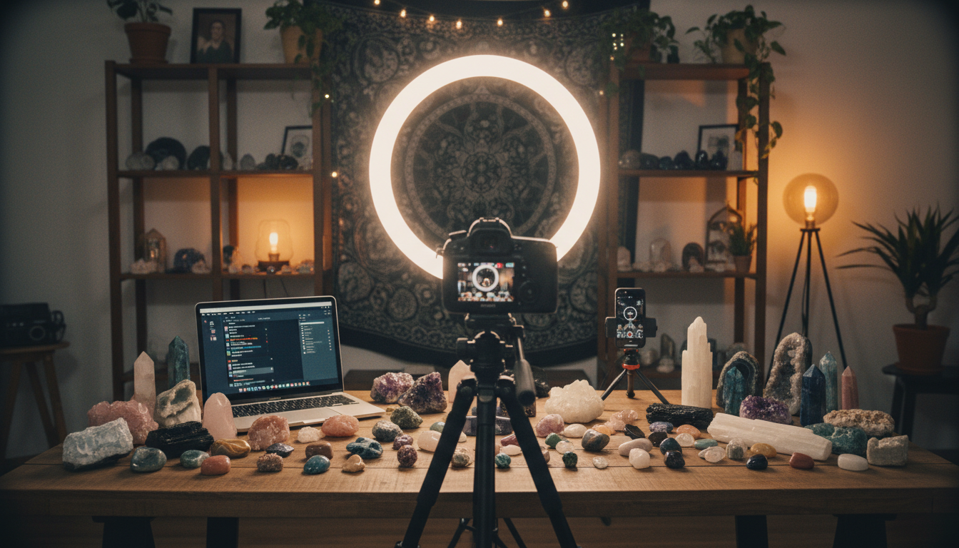 Live streaming studio setup for Whatnot crystal sales with ring light, camera, and crystal displays