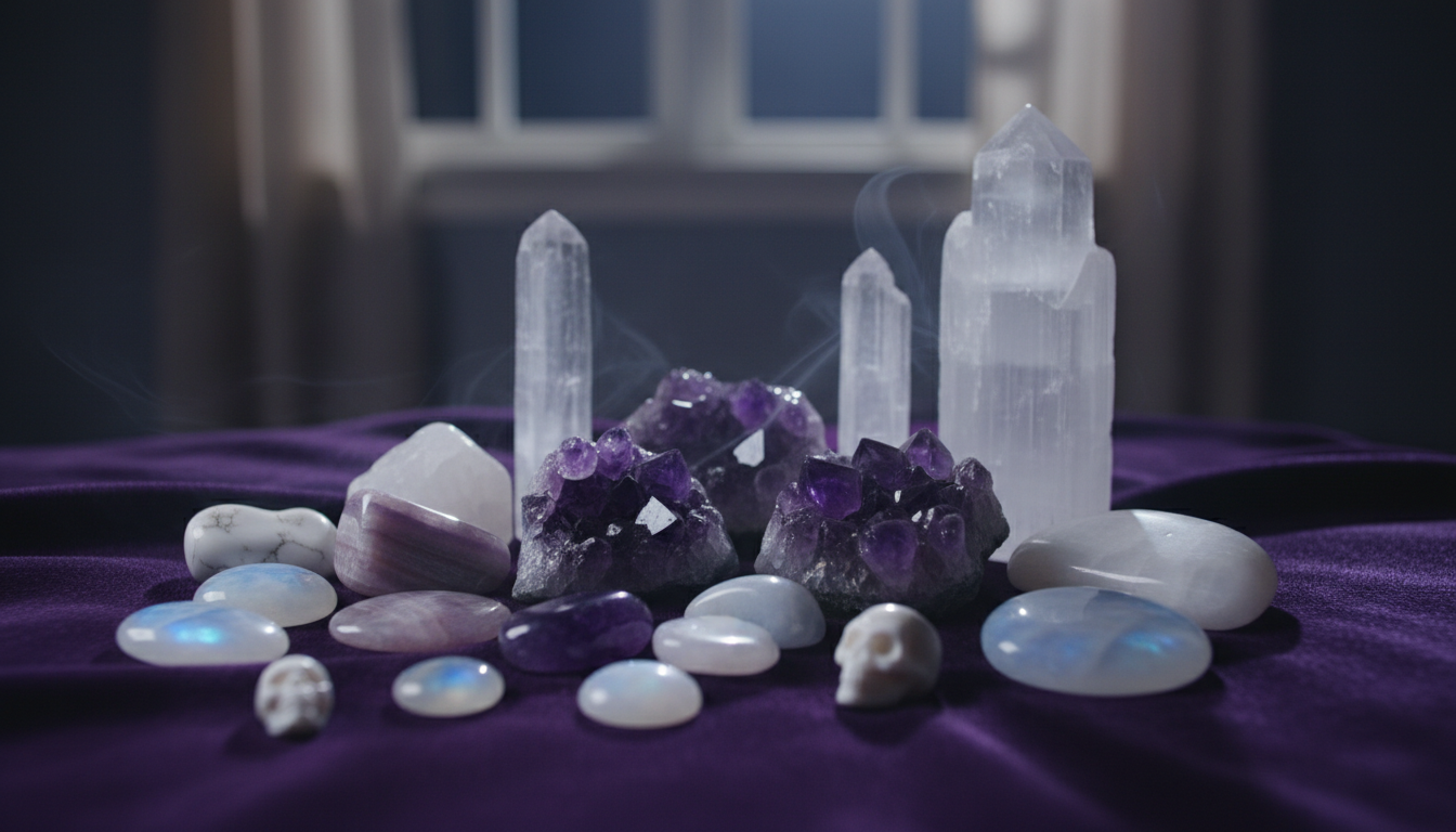 Beautiful collection of sleep crystals including amethyst, lepidolite, and moonstone