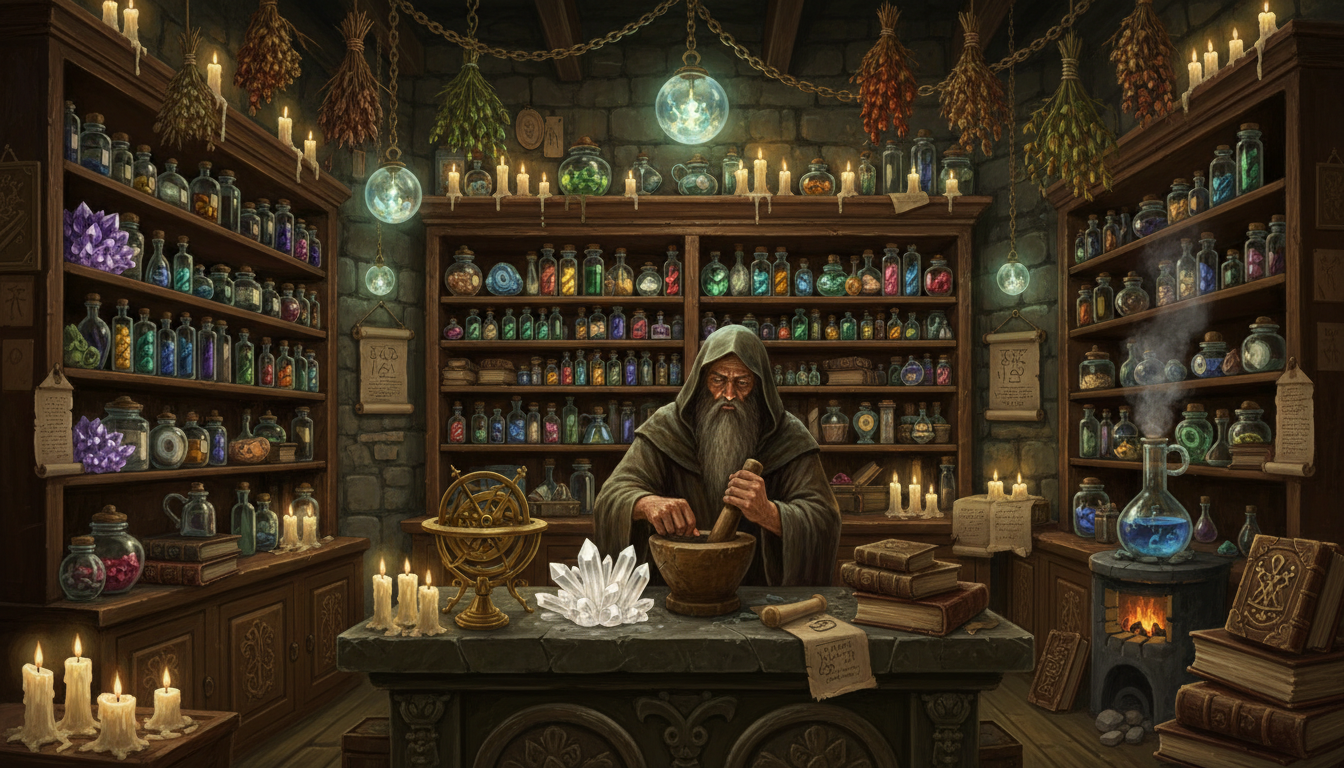 Medieval European apothecary with crystals and gemstones