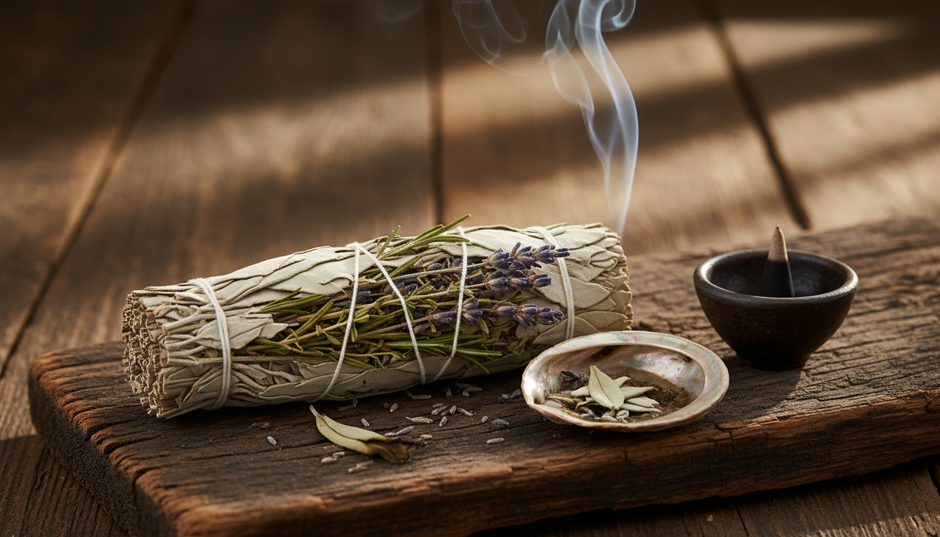 White sage smudge bundle with dried herbs and smoke rising for spiritual cleansing