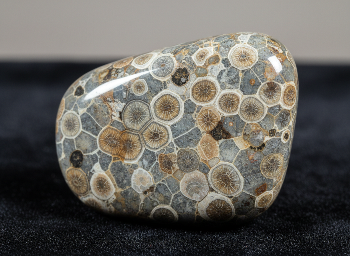 Polished Petoskey stone showing distinctive hexagonal coral fossil pattern