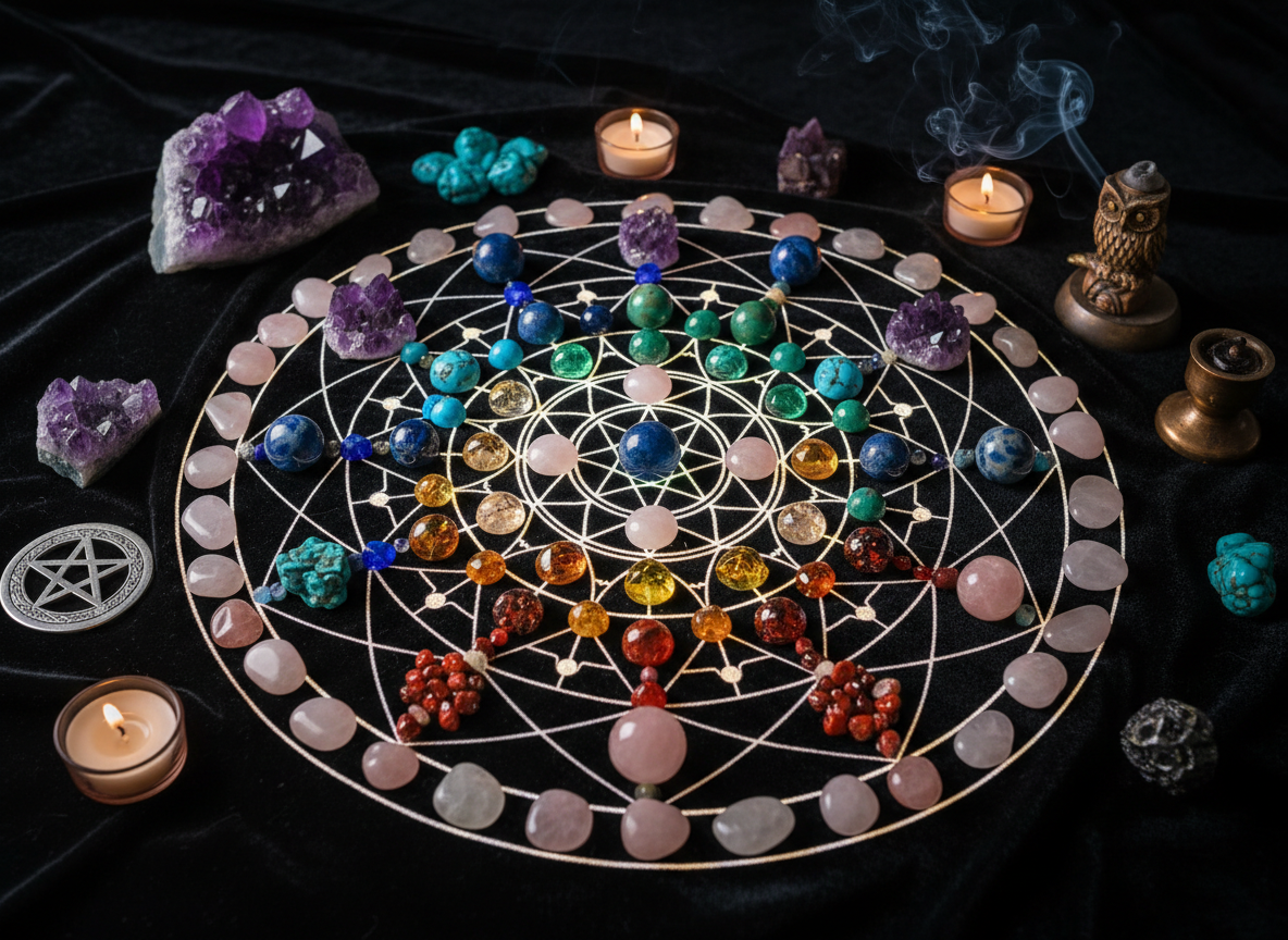 Sacred geometry crystal grid with rainbow chakra colored stones