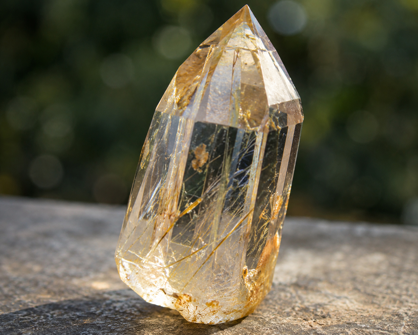 Golden Healer Quartz polished point with warm golden yellow iron oxide coating and rutile inclusions on stone surface in natural sunlight