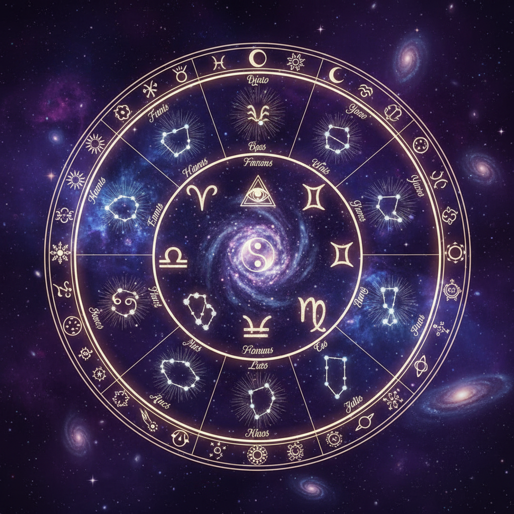 Zodiac constellation wheel with astrological symbols