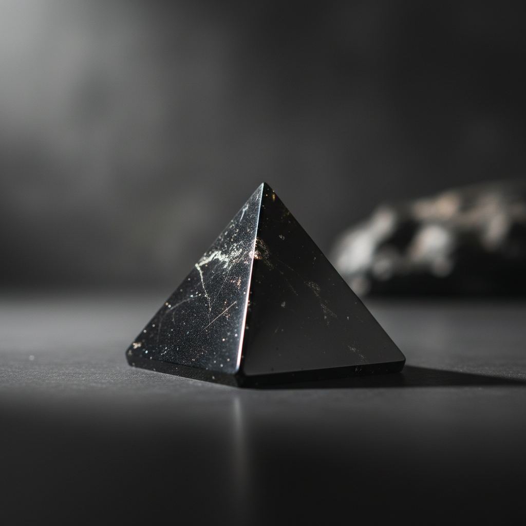 Polished black shungite pyramid crystal for EMF protection - geometric carved stone from Russia for electromagnetic shielding