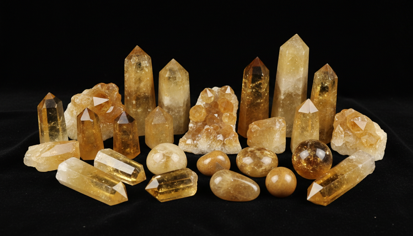 Collection of natural citrine crystals including golden honey colored points and clusters