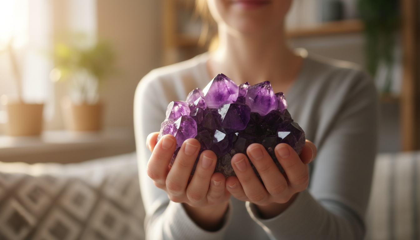 Hands holding amethyst crystal during meditation