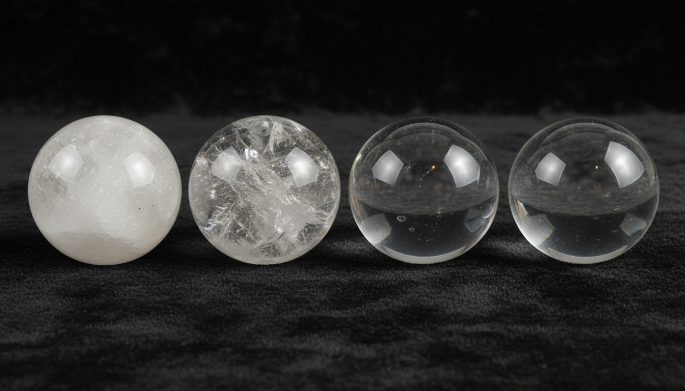 Four crystal balls showing different quality grades from cloudy B grade to flawless museum quality