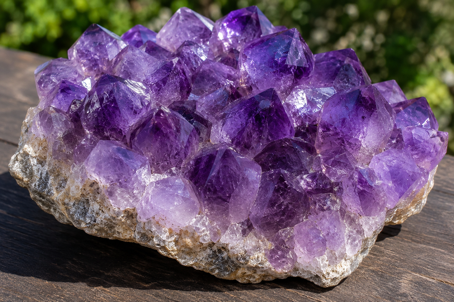 Natural deep purple amethyst crystal cluster on wood surface showing rich violet coloration with white quartz base matrix - Dragon Traditions product photo