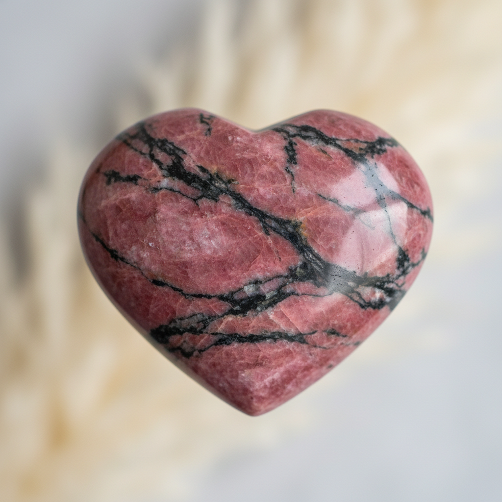 Pink rhodonite heart stone with black manganese veins for emotional healing - helps process complicated grief and heal heart wounds
