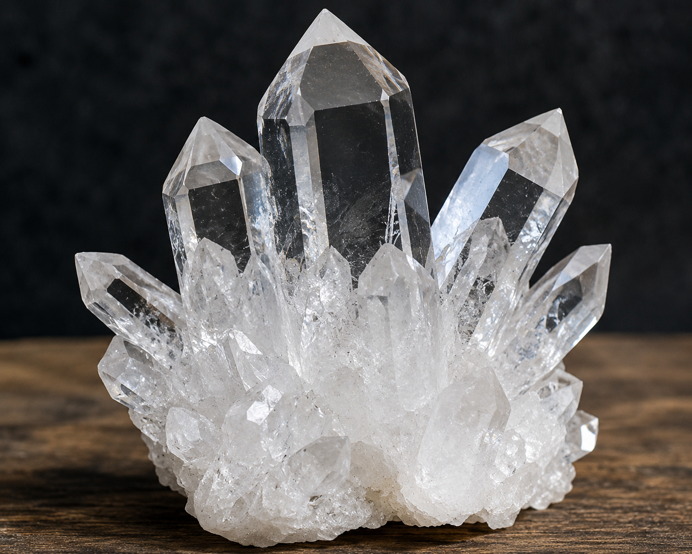 Stunning clear quartz crystal cluster with multiple terminated points on rustic wood background showing natural clarity and formations