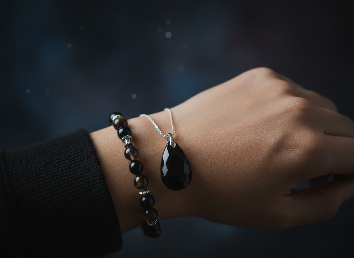Person wearing protective crystal jewelry including obsidian pendant