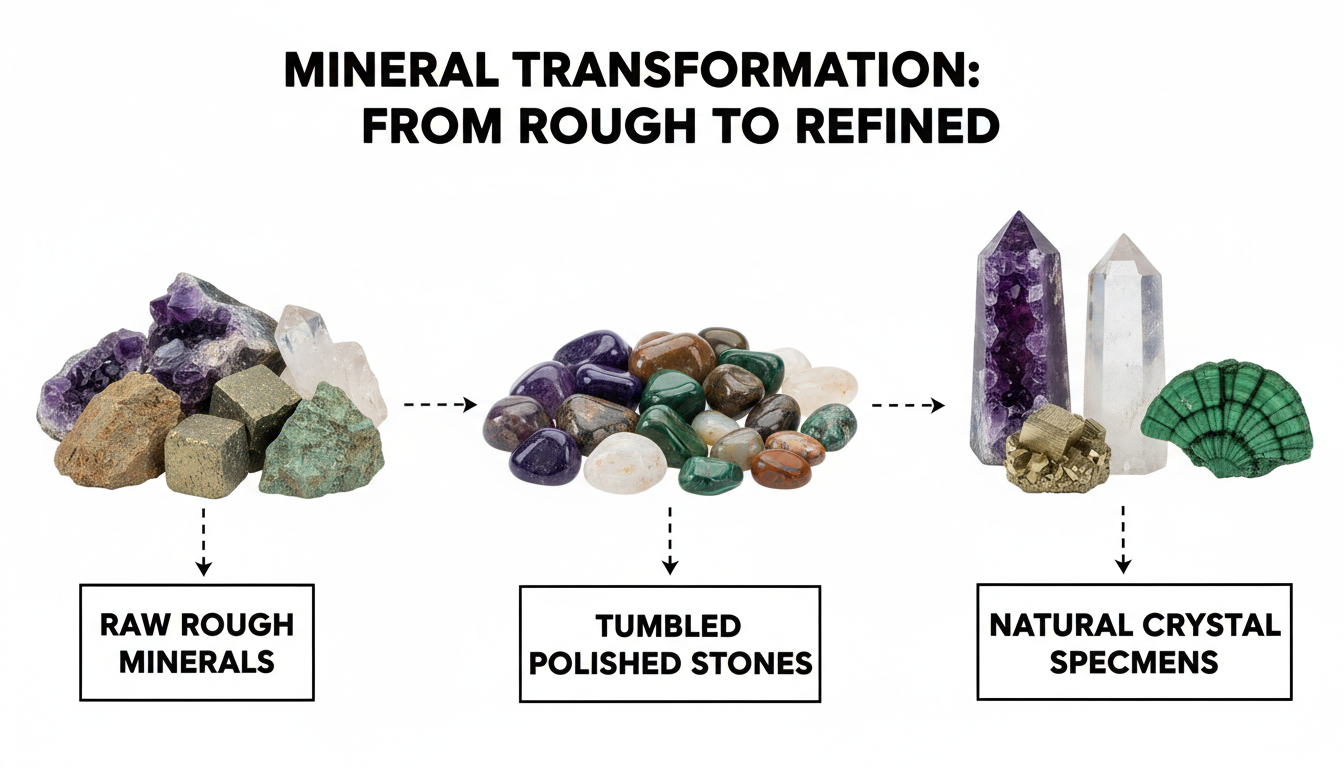 Comparison of raw rough minerals, tumbled polished stones, and natural crystal specimens showing different forms