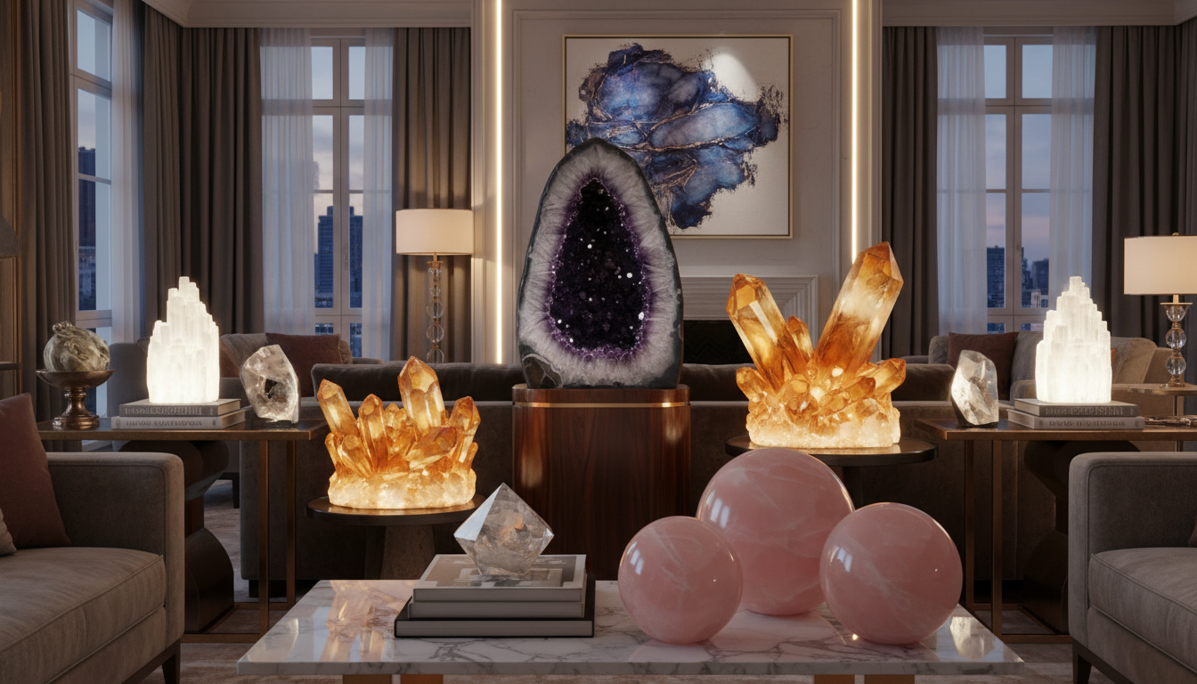 Collection of statement crystals including amethyst, citrine, and rose quartz