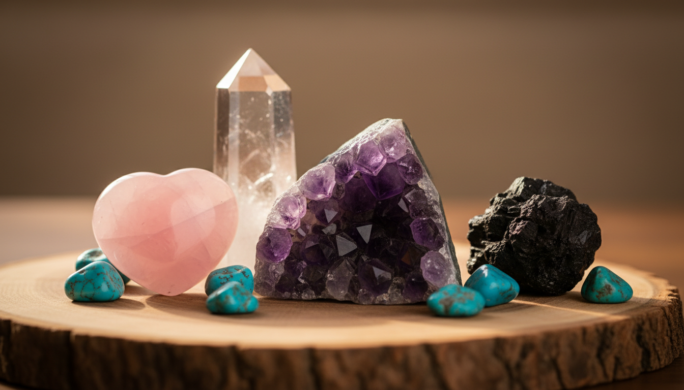 Healing crystals for pets including amethyst cluster, rose quartz heart, black tourmaline, clear quartz, and turquoise arranged on natural wood for pet wellness