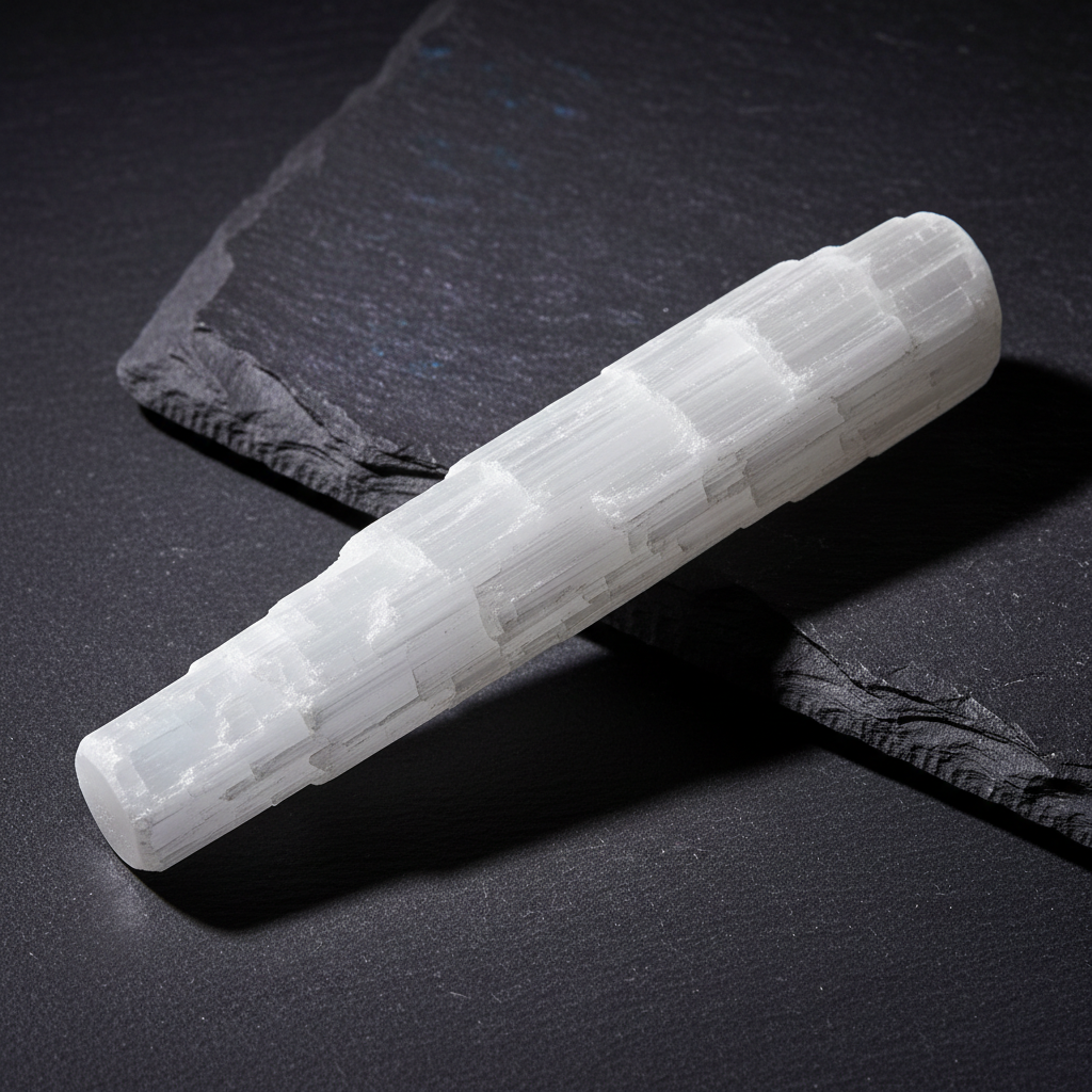 Satin spar selenite wand with silky chatoyant sheen polished crystal stick for energy healing and chakra clearing