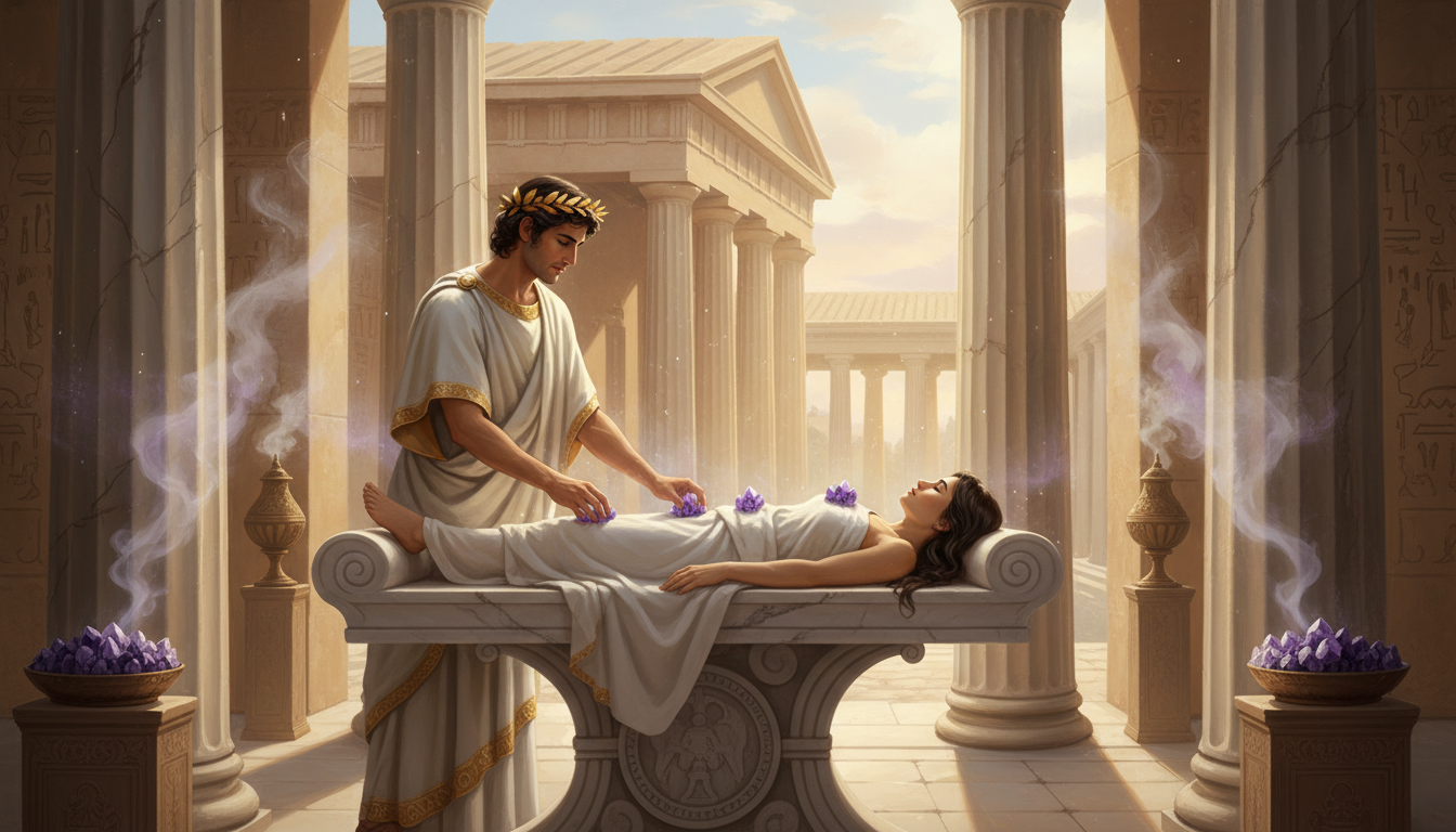 Ancient Greek healer using amethyst crystals for healing in a temple