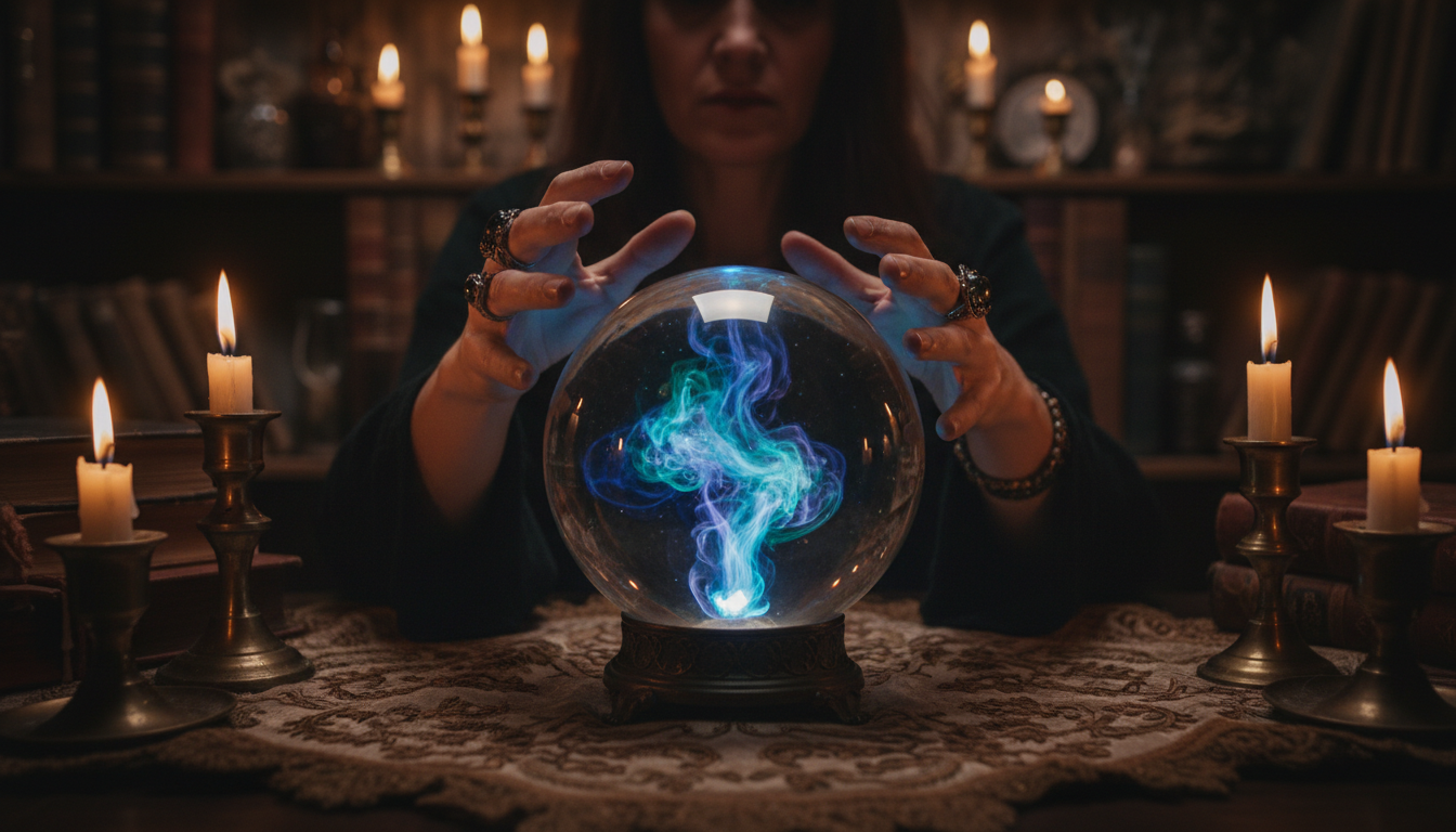 Hands hovering over a crystal ball with mystical mist inside during divination session
