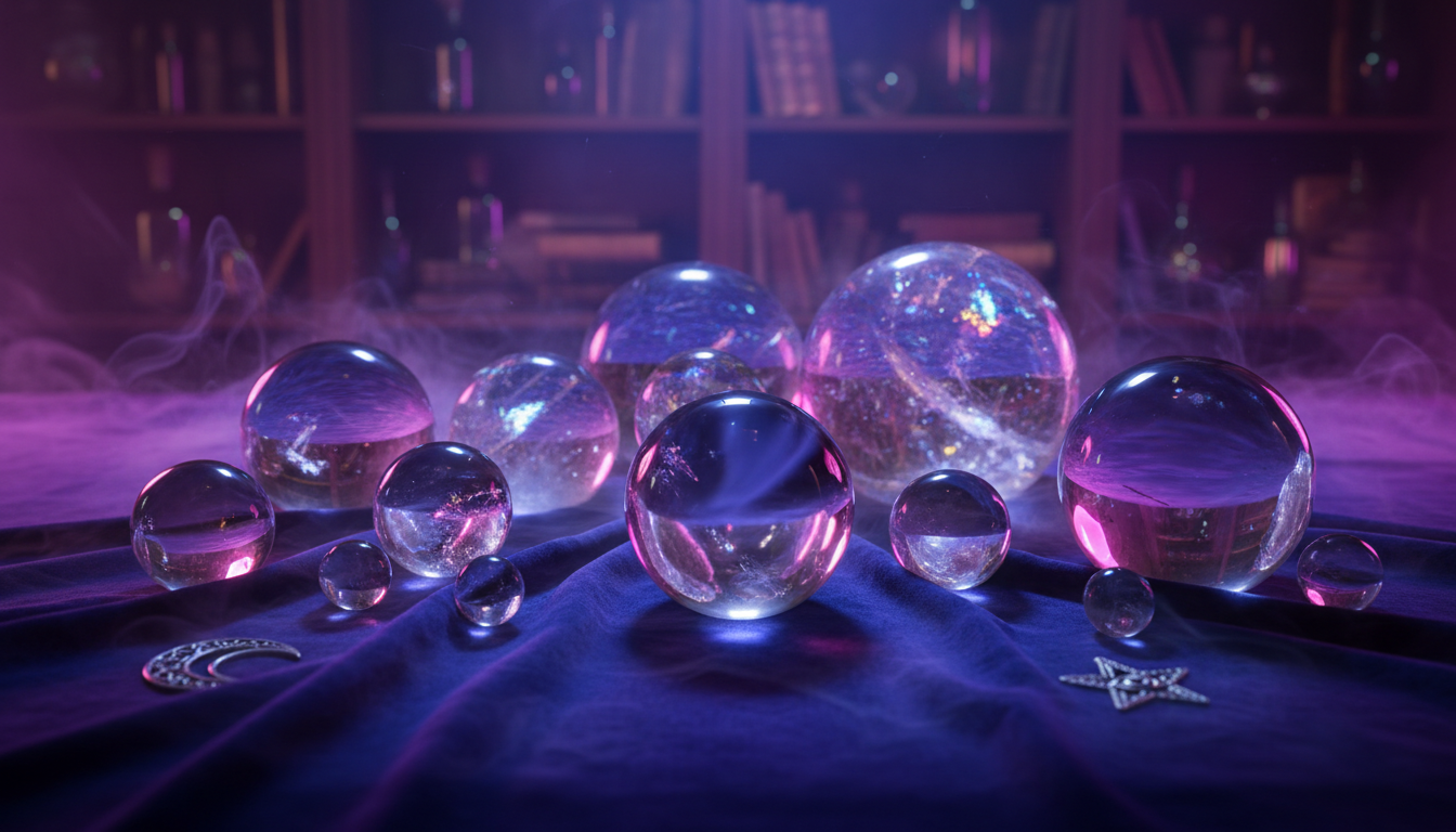 Collection of clear quartz crystal balls in various sizes with rainbow inclusions on velvet display