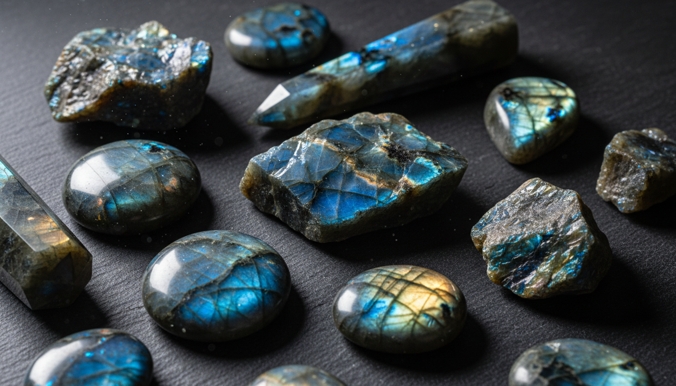 Collection of labradorite crystals displaying brilliant blue and gold labradorescence flash iridescent colors for magic and transformation