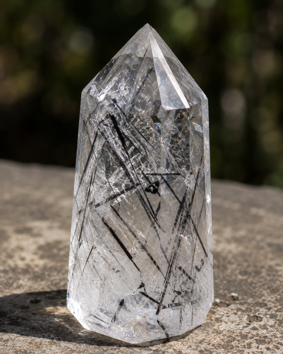 Tourmalinated Quartz polished tower with dramatic black tourmaline needle inclusions criss-crossing through clear quartz for protection