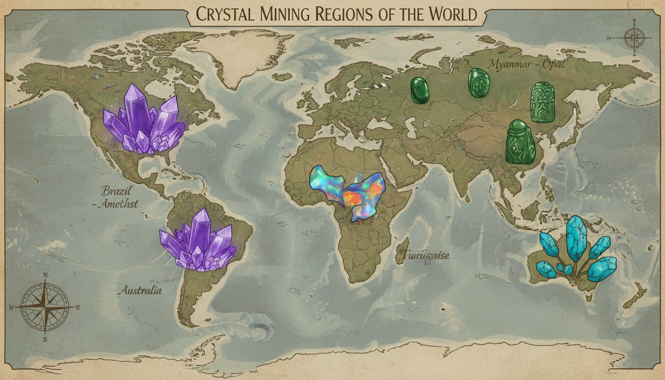World map showing famous crystal mining regions with crystals emerging from continents