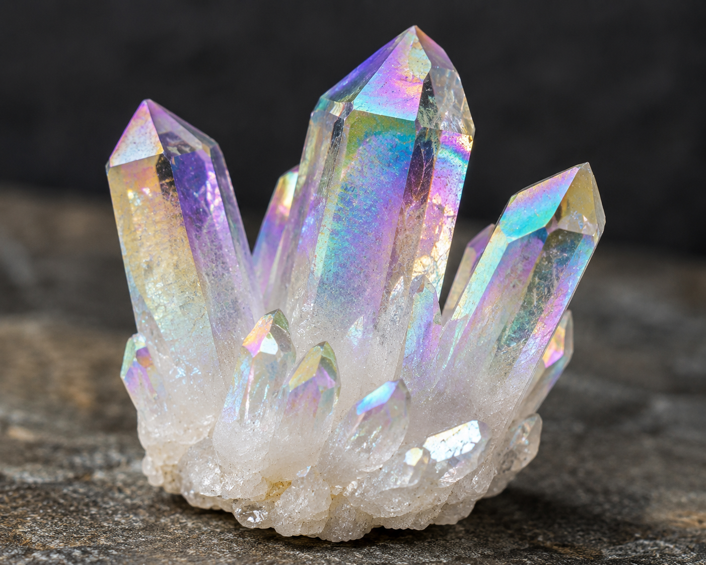 Angel aura quartz crystal cluster with stunning iridescent rainbow coating showing pink purple and blue metallic sheen on multiple terminated points