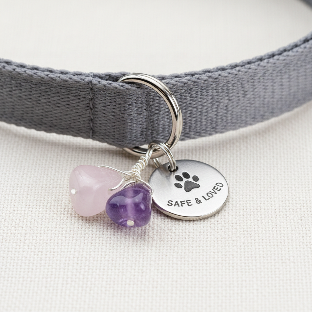 Small tumbled rose quartz and amethyst crystal collar charms for pets - safe pet jewelry for dogs and cats