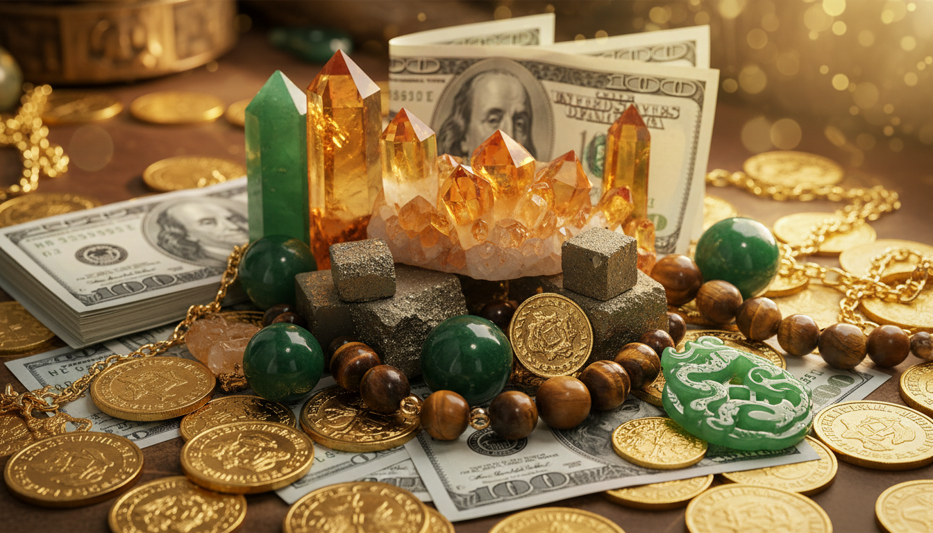 Collection of prosperity crystals for attracting money and wealth including citrine, pyrite, green aventurine, tiger's eye, and jade arranged with gold coins
