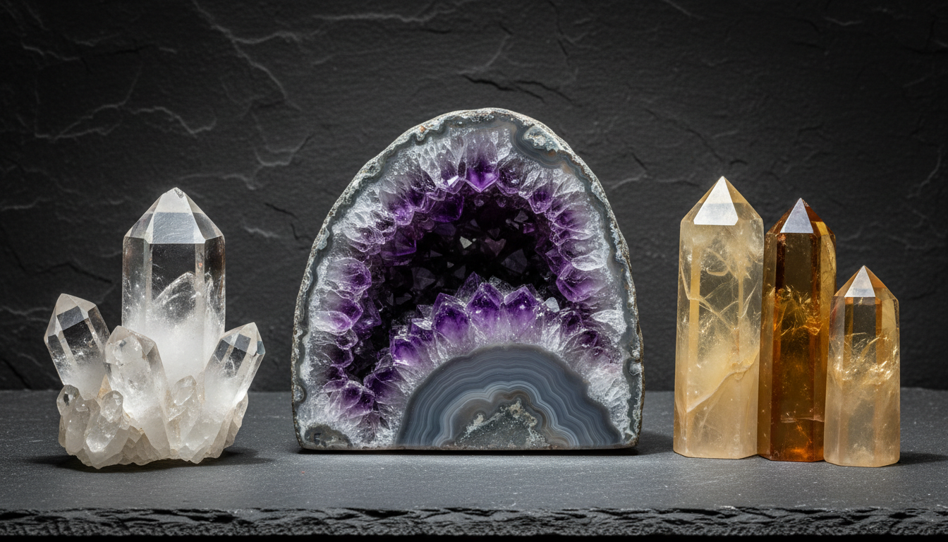 Collection of crystal specimens showing organized geometric structure including amethyst geode, quartz cluster, and citrine points