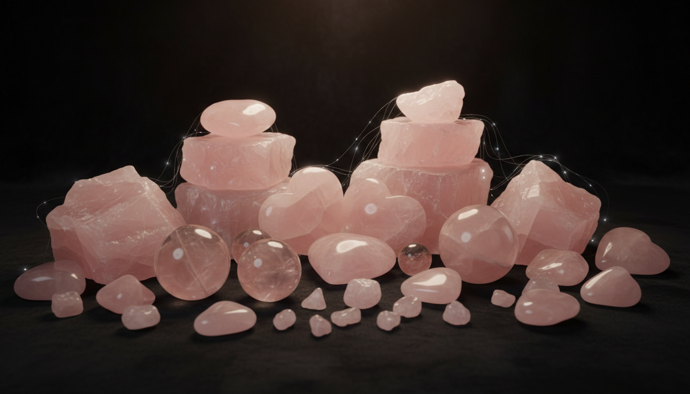Rose quartz crystal collection including raw chunks polished hearts spheres and tumbled stones in soft pink hues for love and heart chakra healing