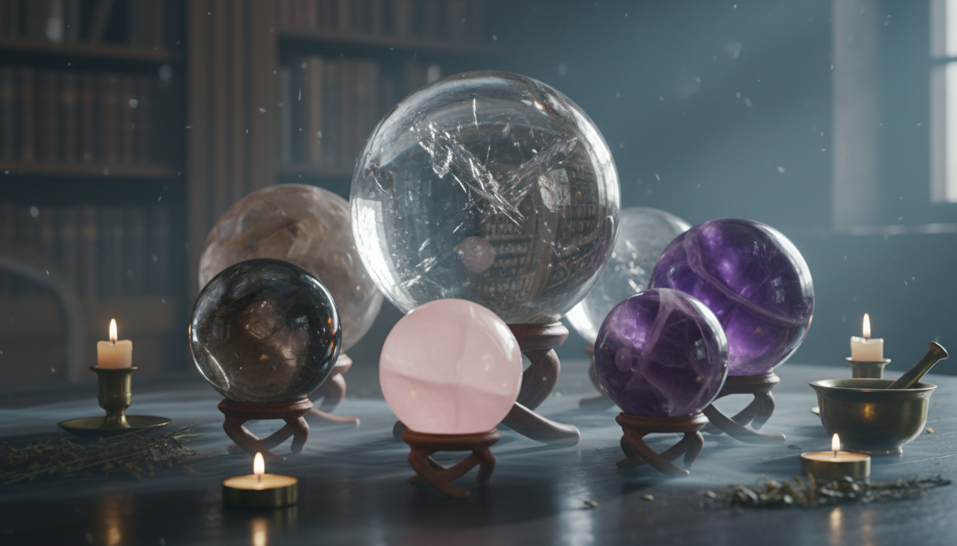 Different types of crystal balls including clear quartz, smoky quartz, amethyst, and rose quartz spheres