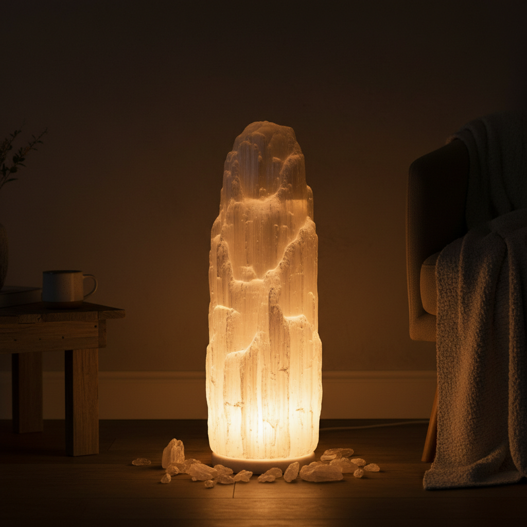Selenite crystal lamp glowing warmly in room for ambient lighting and energy cleansing home decor