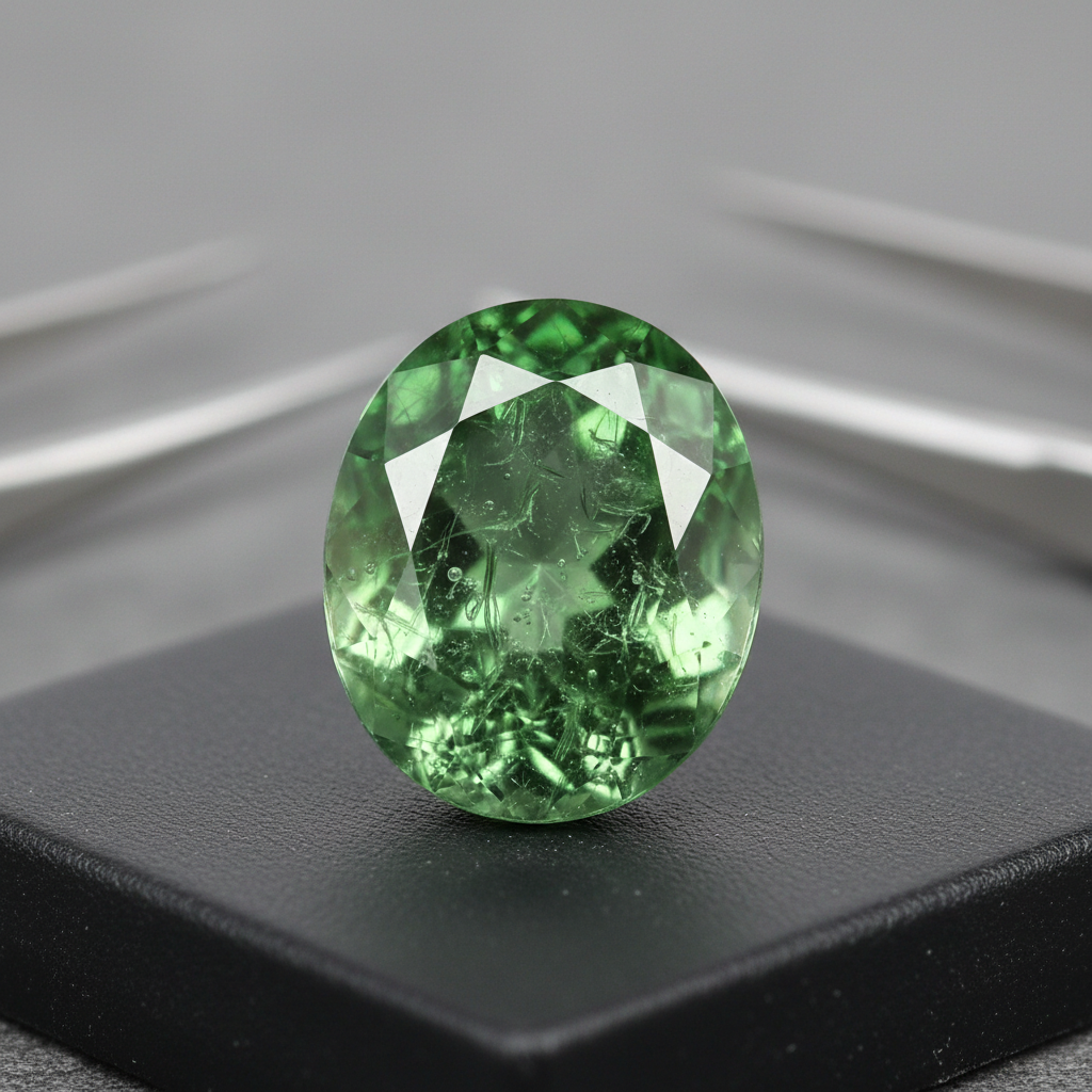 Faceted moldavite gemstone showing brilliant green color - rare cut Czech tektite for fine crystal jewelry