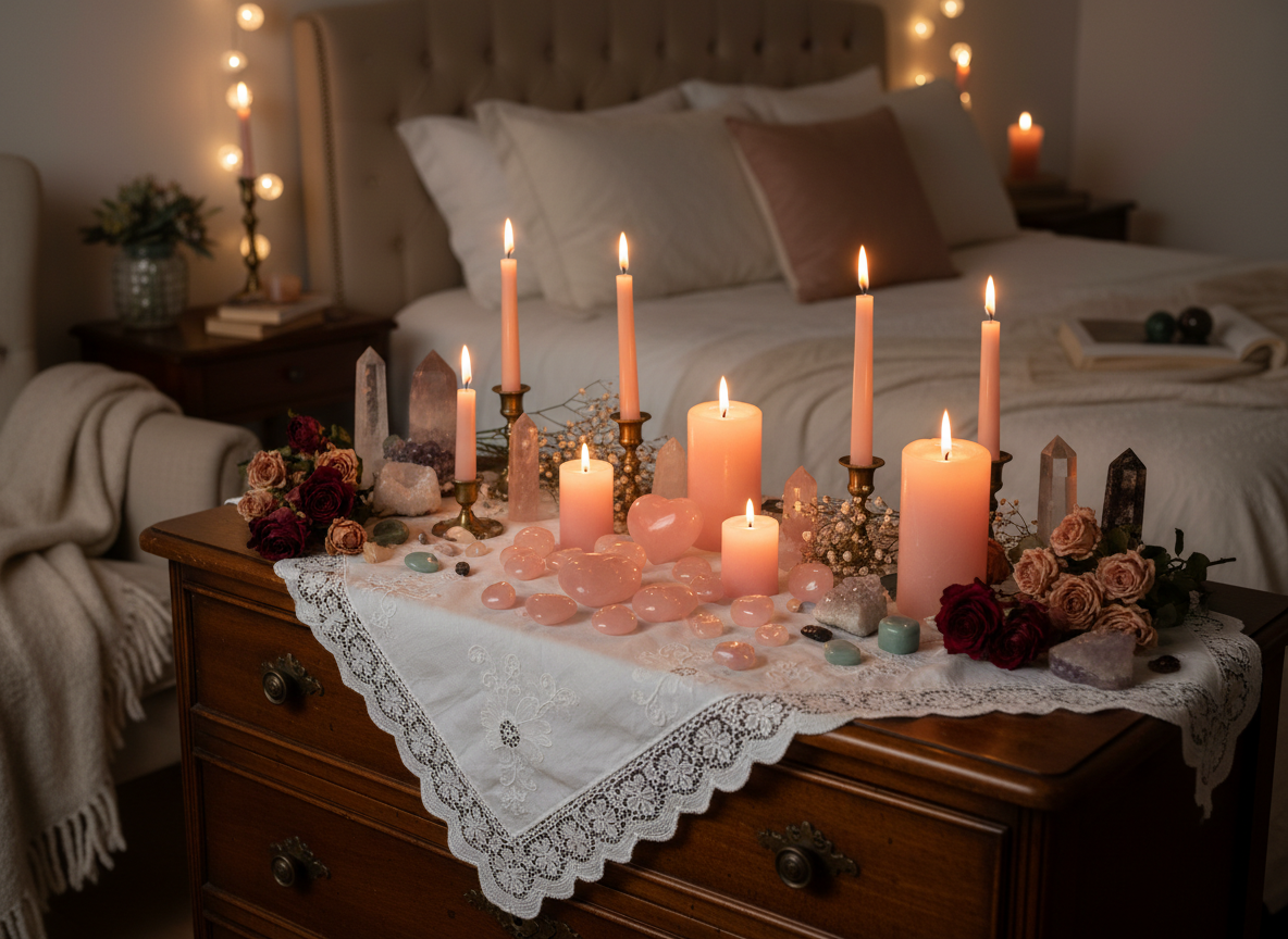 Romantic crystal altar with rose quartz hearts and candles