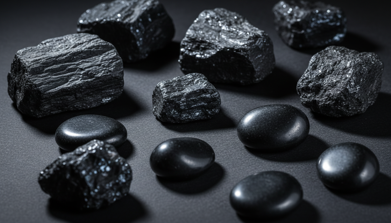 Collection of black shungite stones from Karelia Russia showing lustrous metallic surface - ancient 2 billion year old carbon mineral for EMF protection and water purification
