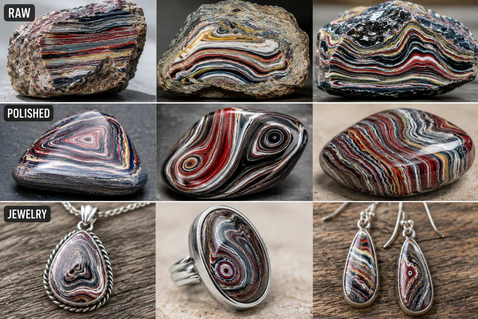Fordite Detroit Agate showing raw specimens, polished cabochons with bulls-eye patterns, and sterling silver jewelry including pendant, ring, and earrings